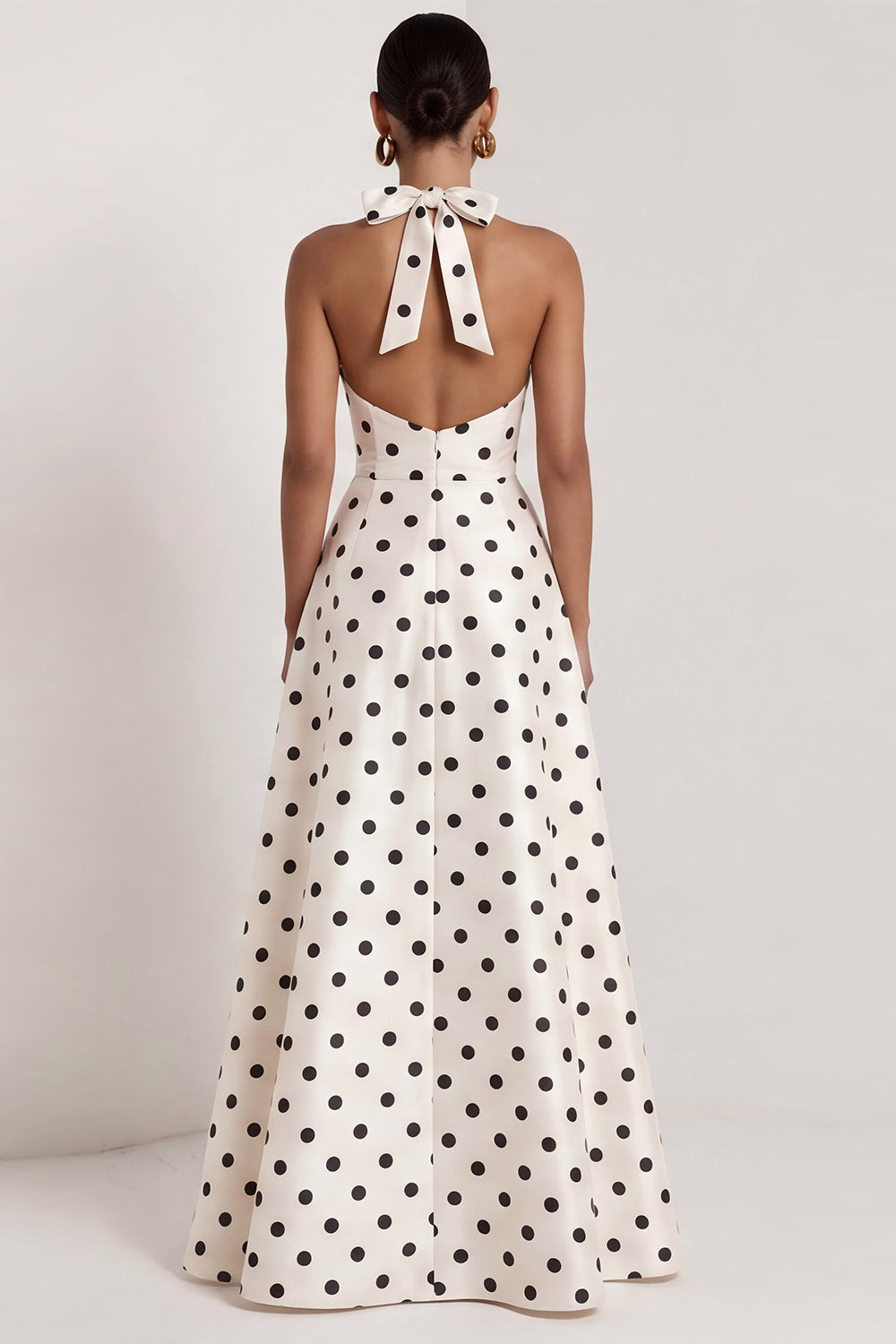 A-Line Satin Black White Dots Halter Neck Long Formal Dress with Slit