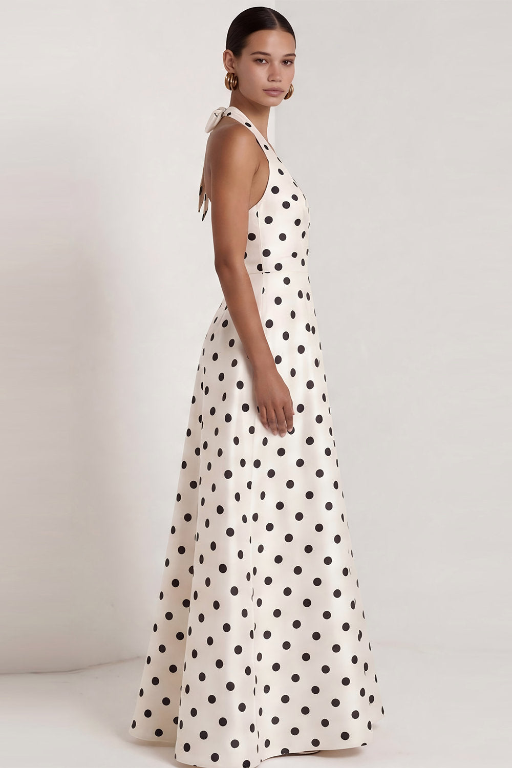 A-Line Satin Black White Dots Halter Neck Long Formal Dress with Slit