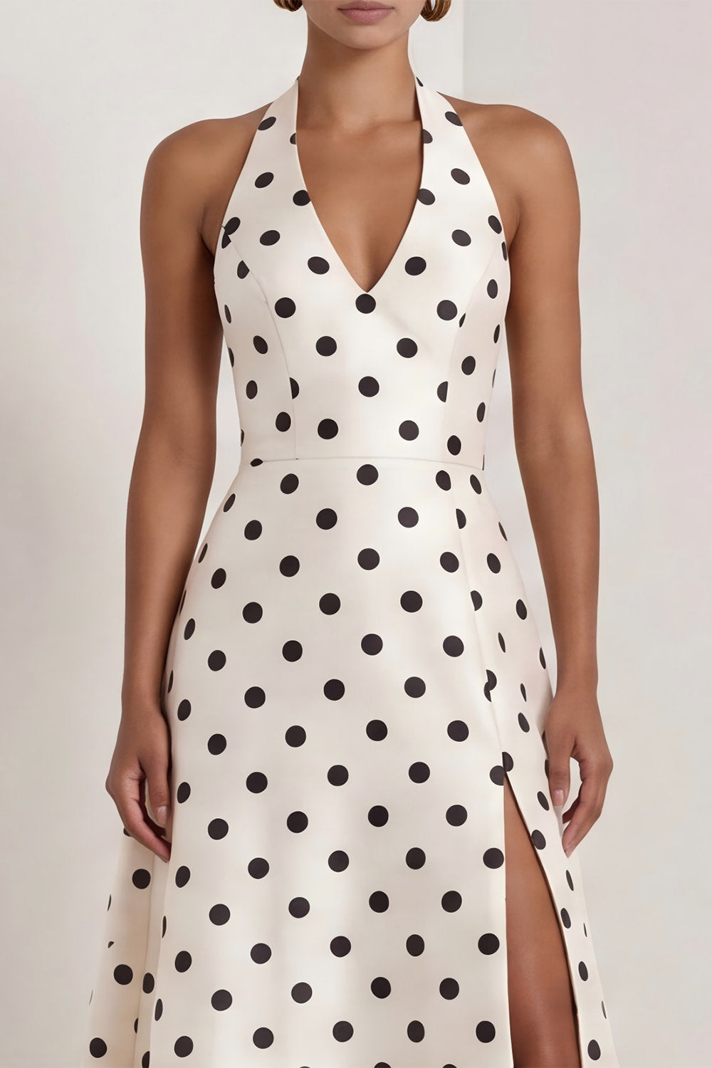 A-Line Satin Black White Dots Halter Neck Long Formal Dress with Slit