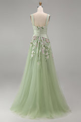 A-Line Square Neck Dusty Sage Tulle Floral Embroidered Long Prom Dress with Slit