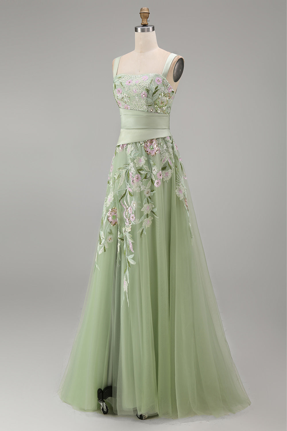 A-Line Square Neck Dusty Sage Tulle Floral Embroidered Long Prom Dress with Slit
