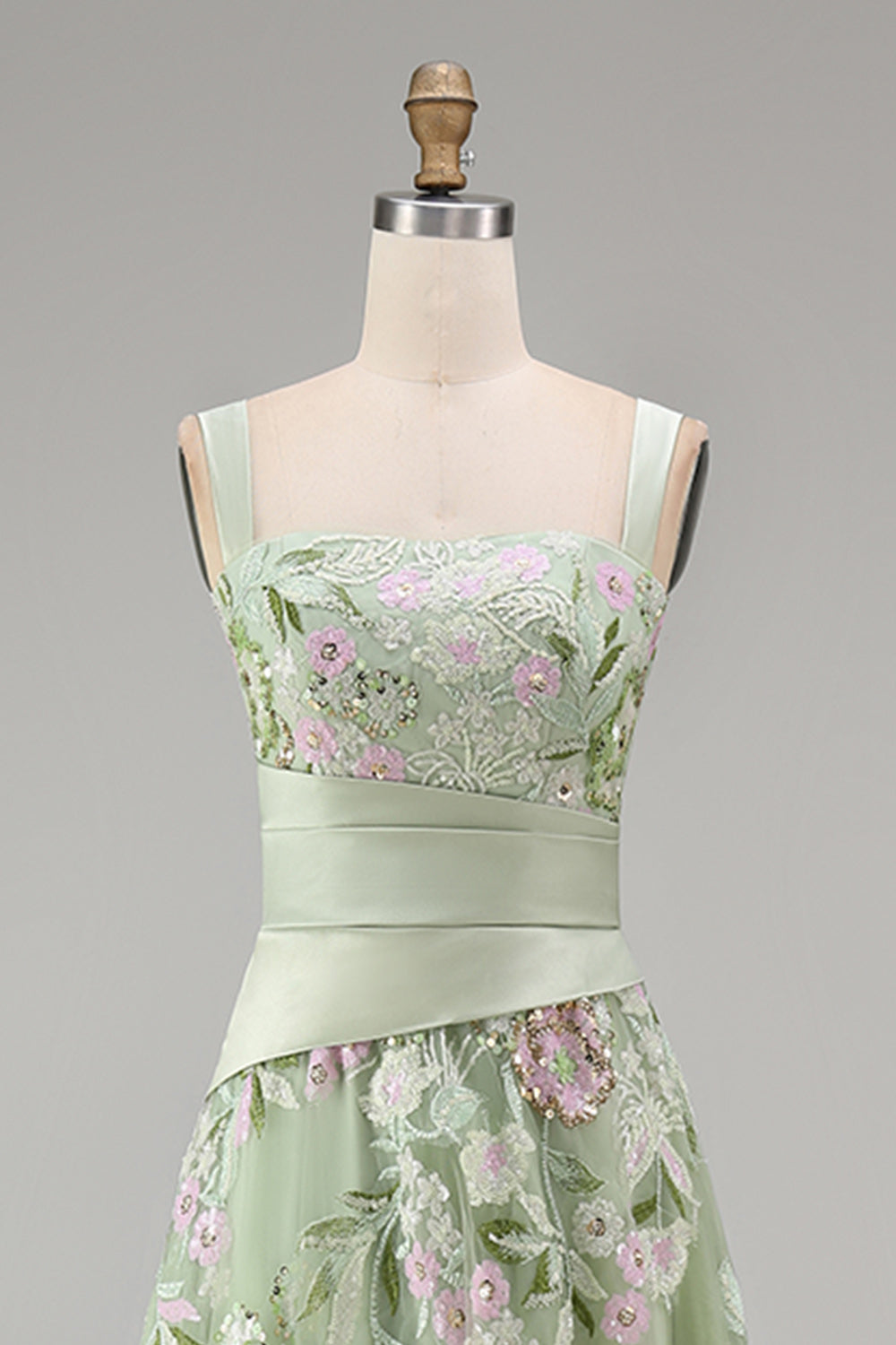 A-Line Square Neck Dusty Sage Tulle Floral Embroidered Long Prom Dress with Slit