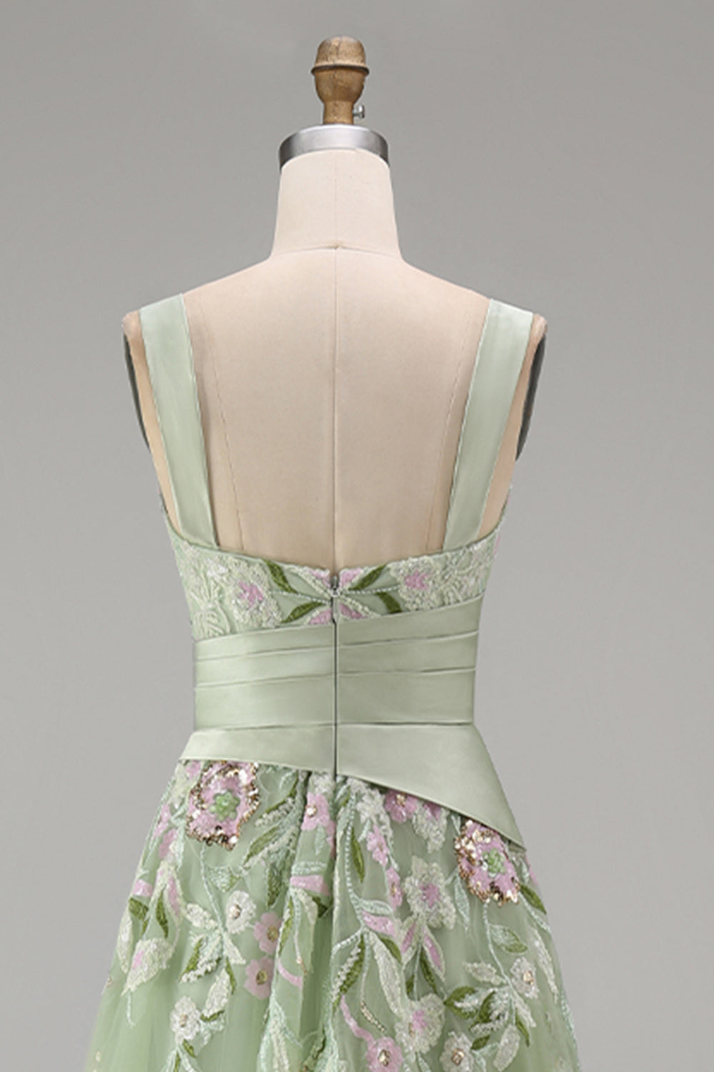 A-Line Square Neck Dusty Sage Tulle Floral Embroidered Long Prom Dress with Slit
