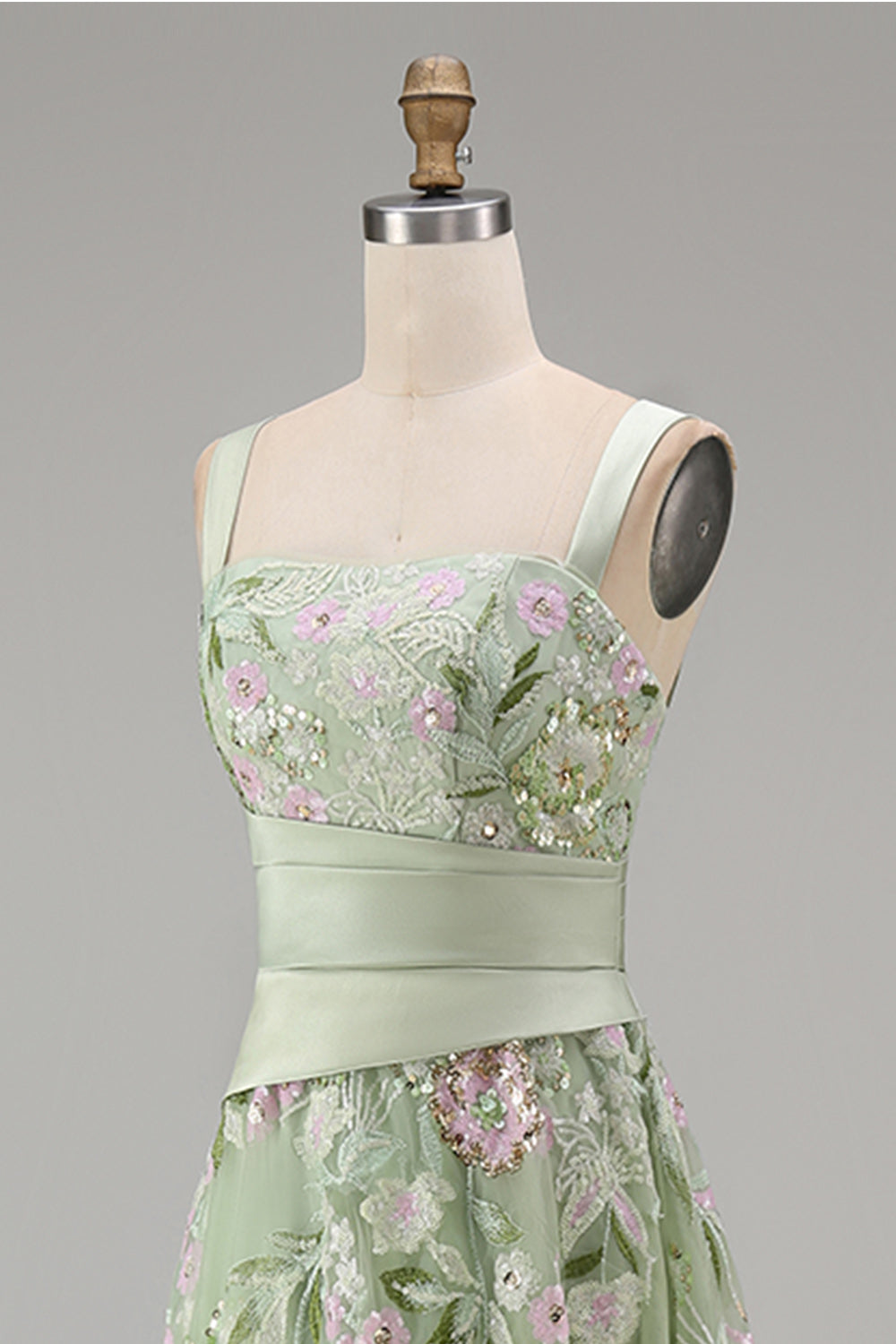 A-Line Square Neck Dusty Sage Tulle Floral Embroidered Long Prom Dress with Slit