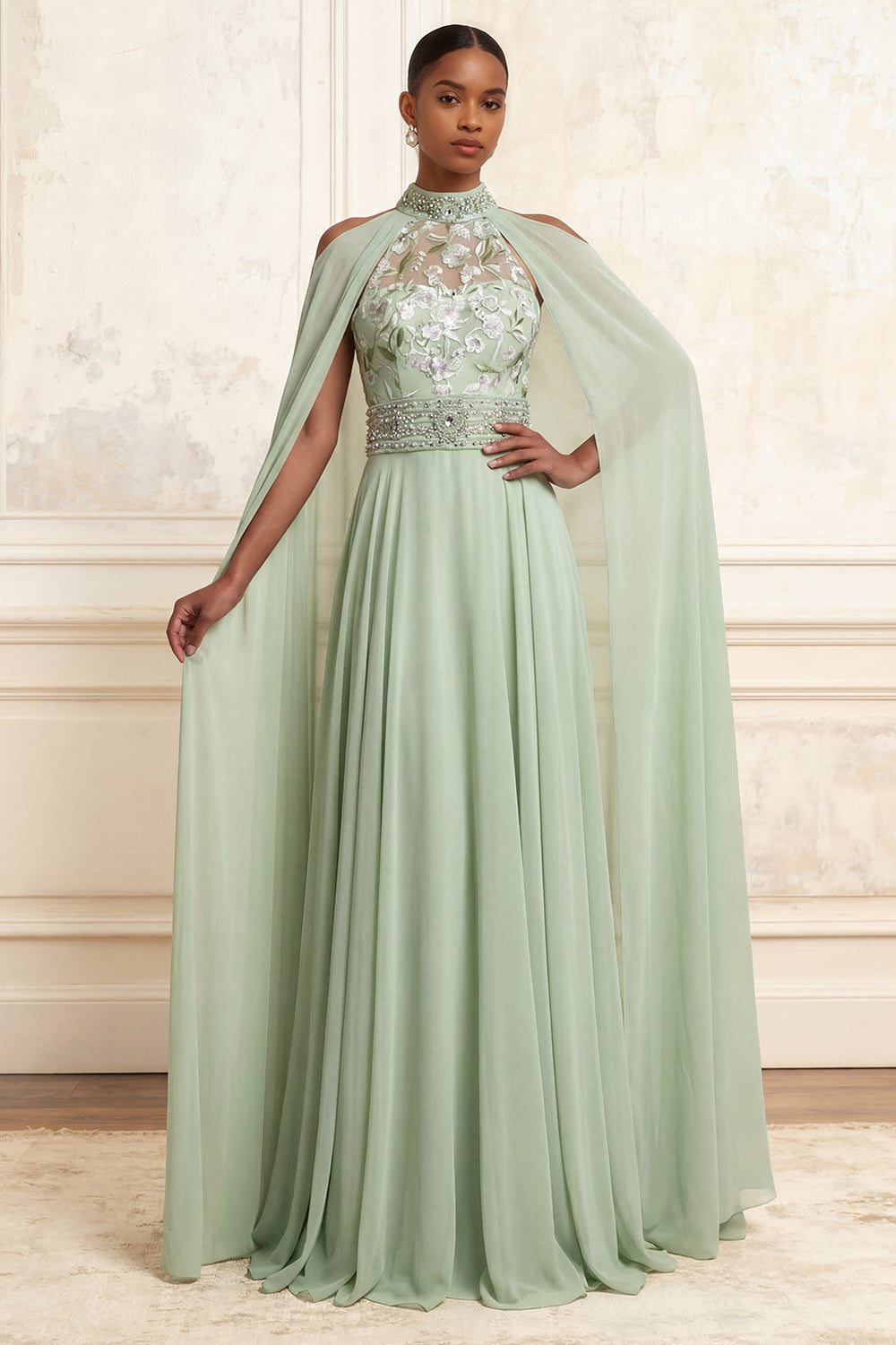 A-Line Halter Neck Dusty Sage Tulle Floral Embroidered Beaded Long Prom Dress with Cape