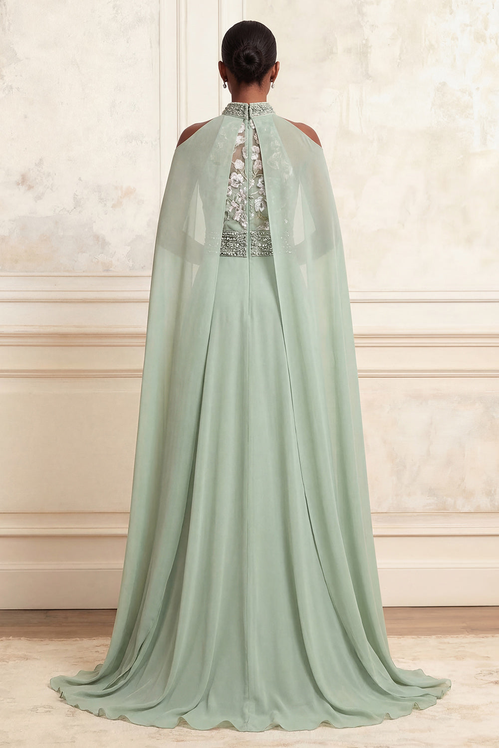 A-Line Halter Neck Dusty Sage Tulle Floral Embroidered Beaded Long Prom Dress with Cape