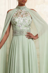 A-Line Halter Neck Dusty Sage Tulle Floral Embroidered Beaded Long Prom Dress with Cape