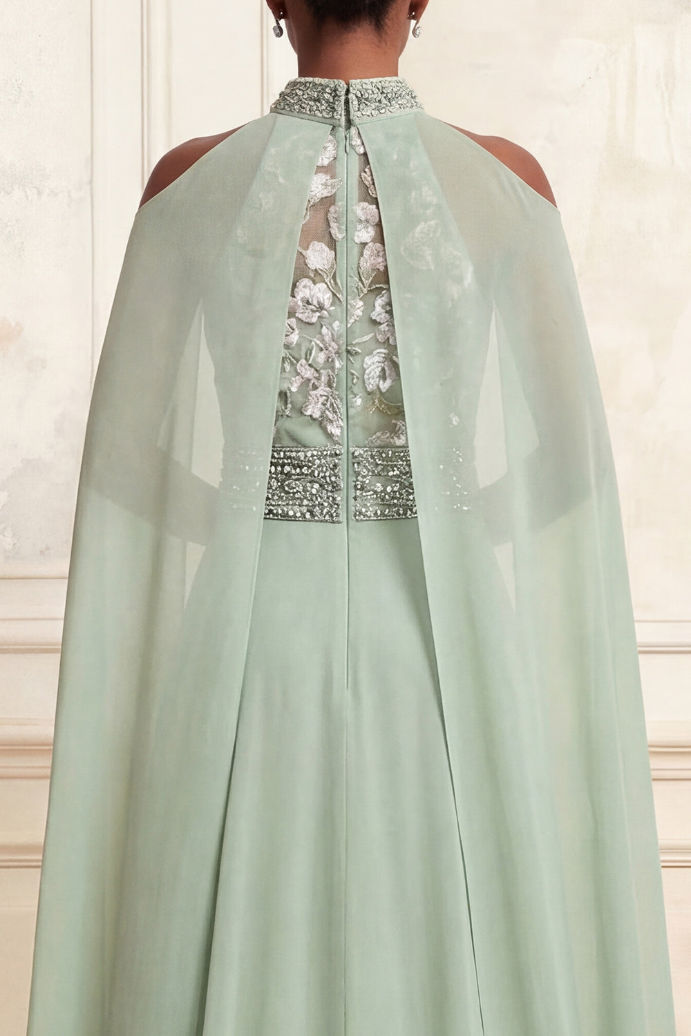 A-Line Halter Neck Dusty Sage Tulle Floral Embroidered Beaded Long Prom Dress with Cape