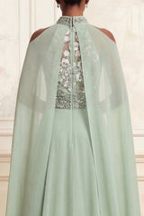 A-Line Halter Neck Dusty Sage Tulle Floral Embroidered Beaded Long Prom Dress with Cape