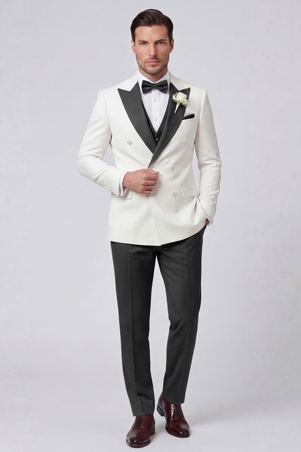 3 Piece Black Double Breasted Peak Lapel Men's Prom Suits