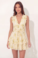 A-Line Mini Yellow Floral V-Neck Graduation Dress with Ruffles