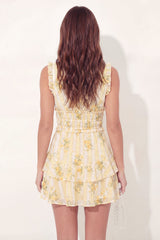A-Line Mini Yellow Floral V-Neck Graduation Dress with Ruffles