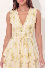 A-Line Mini Yellow Floral V-Neck Graduation Dress with Ruffles