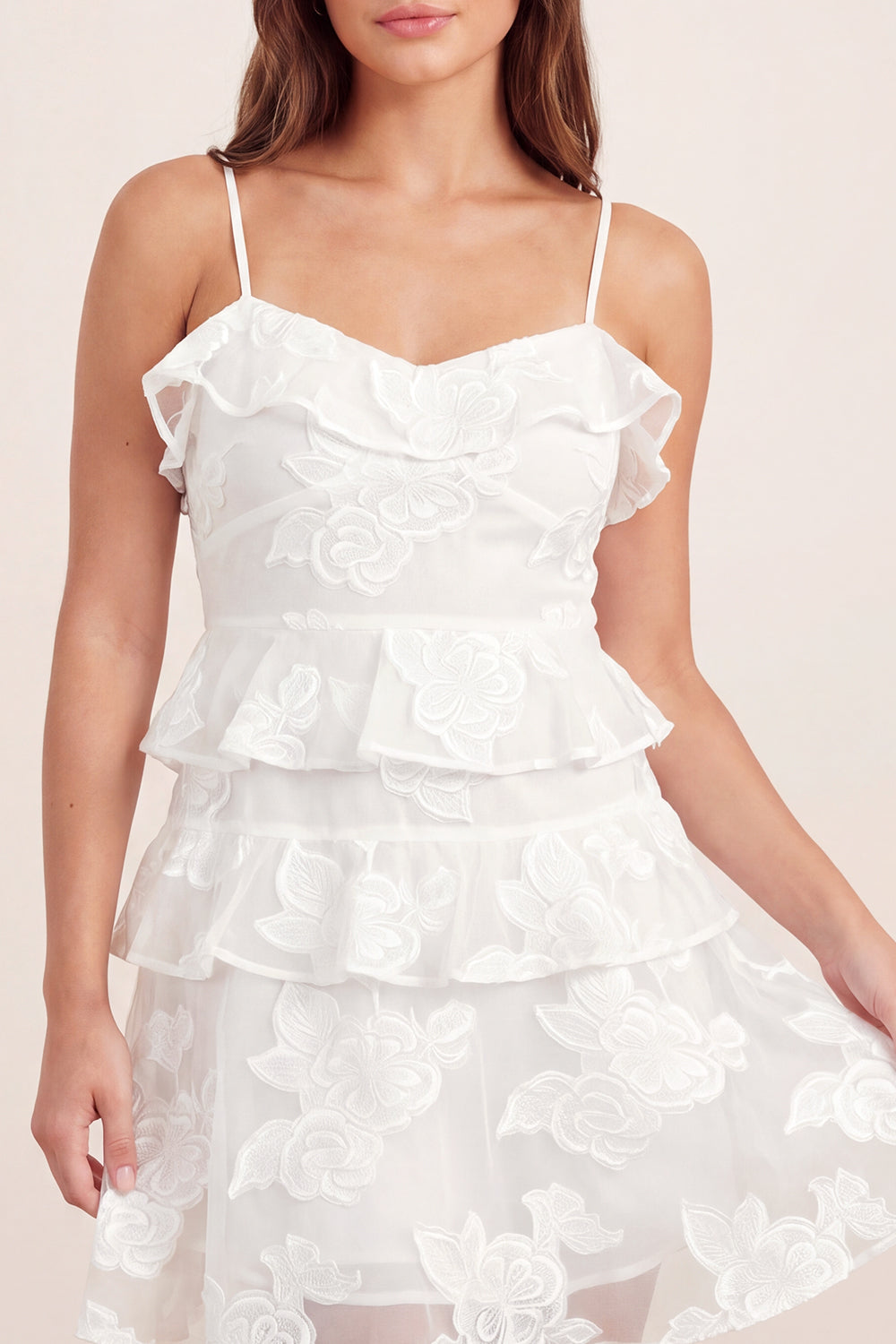 A-Line White Floral Tiered Mini Graduation Dress with Ruffles