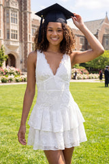 A-Line White Floral V-Neck Ruffled Mini Graduation Dress