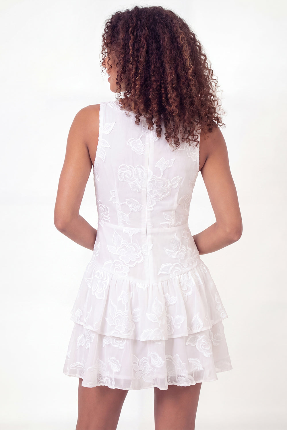 A-Line White Floral V-Neck Ruffled Mini Graduation Dress