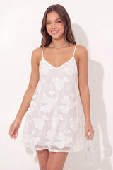 A-Line White Floral Tulle Spaghetti Straps Mini Graduation Dress
