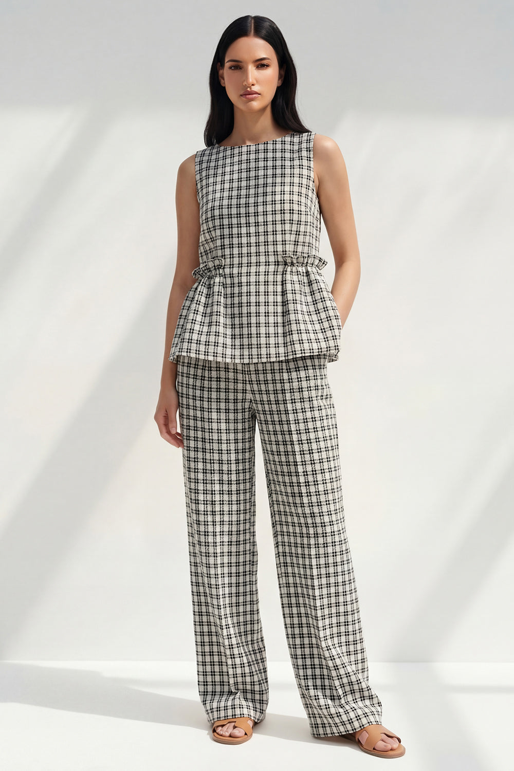 2 Piece Black and White Grid Boat Neck Ruffled Striped Slim Fit Business Suits