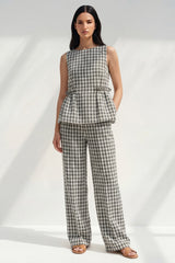2 Piece Black and White Grid Boat Neck Ruffled Striped Slim Fit Business Suits