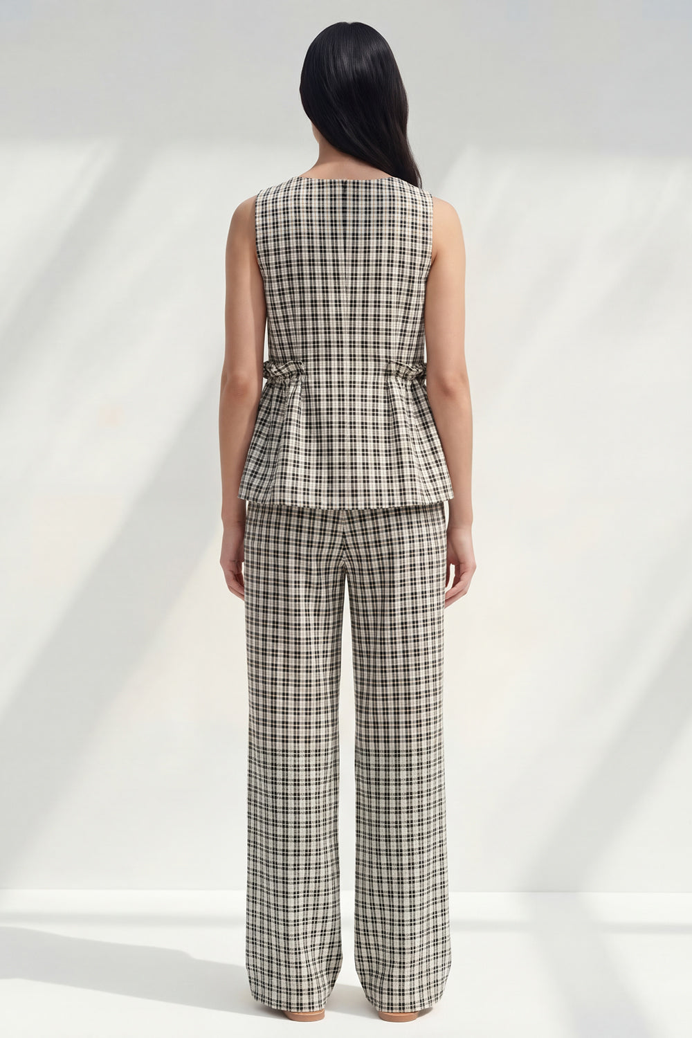 2 Piece Black and White Grid Boat Neck Ruffled Striped Slim Fit Business Suits
