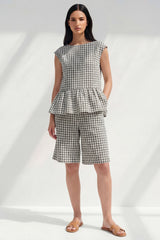 2 Piece Black and White Boat Neck Plaid Business Suits with Ruffles