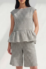 2 Piece Black and White Boat Neck Plaid Business Suits with Ruffles
