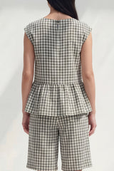 2 Piece Black and White Boat Neck Plaid Business Suits with Ruffles
