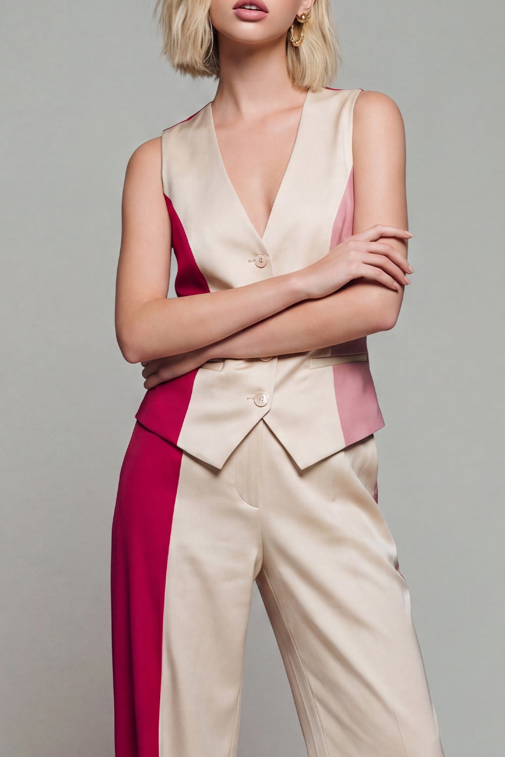 2 Piece ColorBlock Sleeveless Light Khaki Women Suits