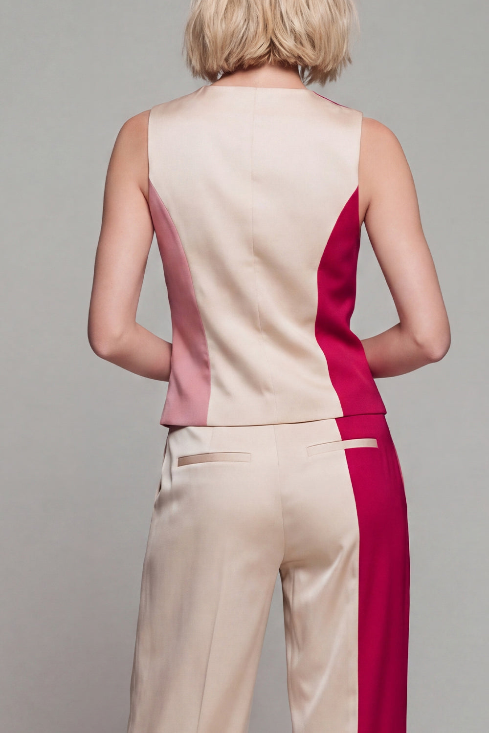 2 Piece ColorBlock Sleeveless Light Khaki Women Suits