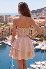 A-Line Champagne Sweetheart Sheer Corset Ruffled Homecoming Dress with Beading