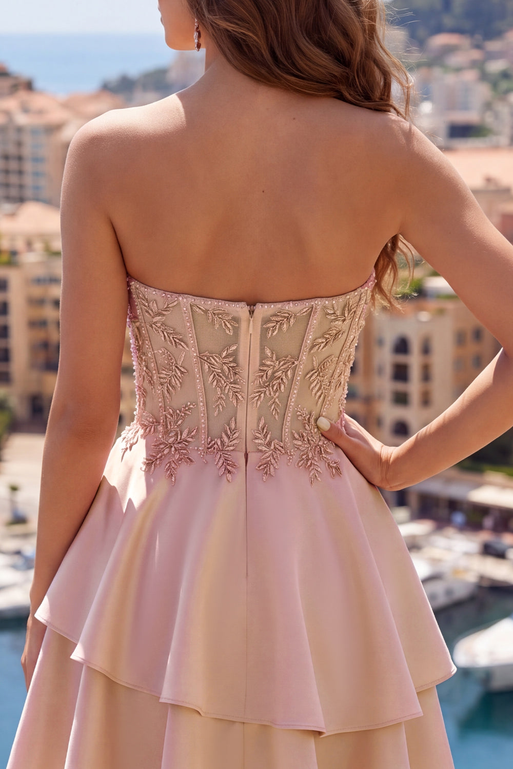 A-Line Champagne Sweetheart Sheer Corset Ruffled Homecoming Dress with Beading