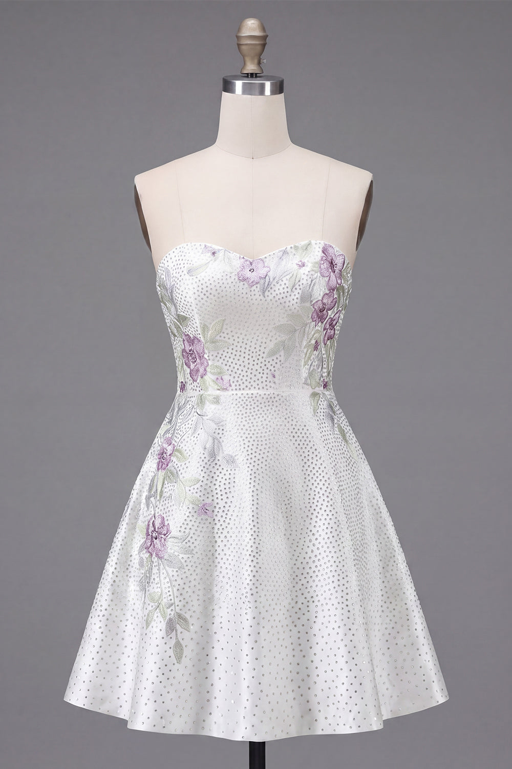 A-Line Sweetheart White Floral Homecoming Dress with Beading