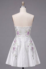 A-Line Sweetheart White Floral Homecoming Dress with Beading