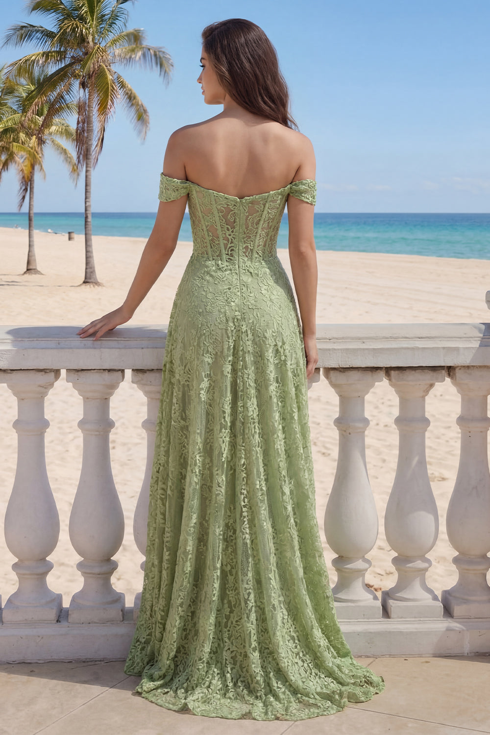 A-Line Sage Green Lace Off the Shoulder Corset Long Prom Dress with Slit