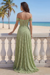 A-Line Sage Green Lace Off the Shoulder Corset Long Prom Dress with Slit