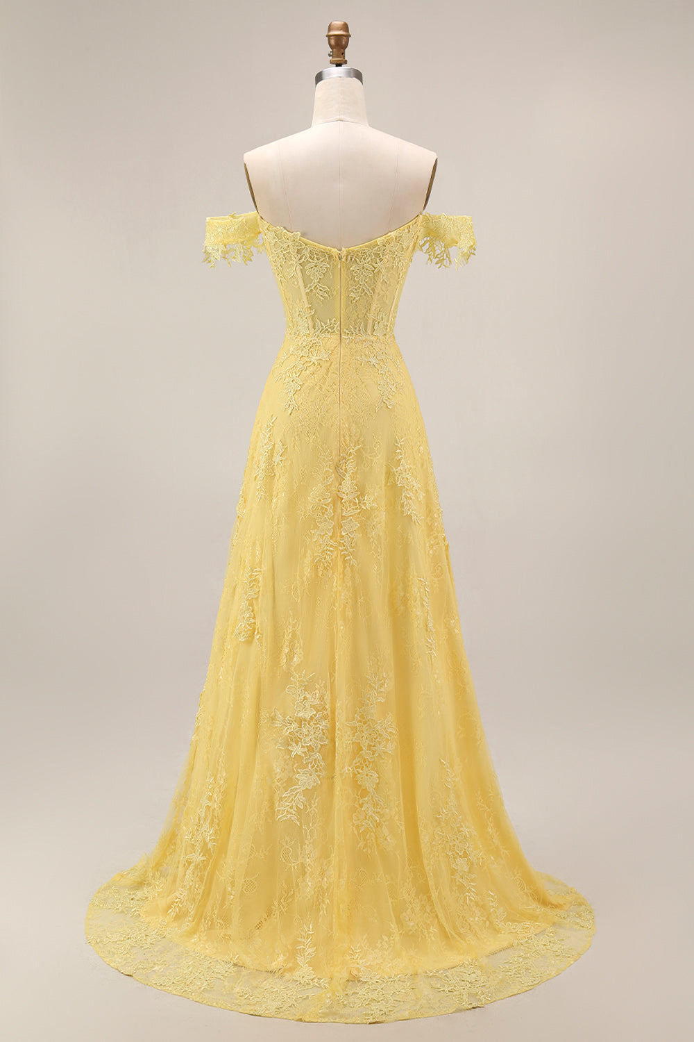 A-Line Off the Shoulder Yellow Lace Corset Appliqued Long Prom Dress