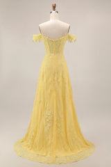 A-Line Off the Shoulder Yellow Lace Corset Appliqued Long Prom Dress