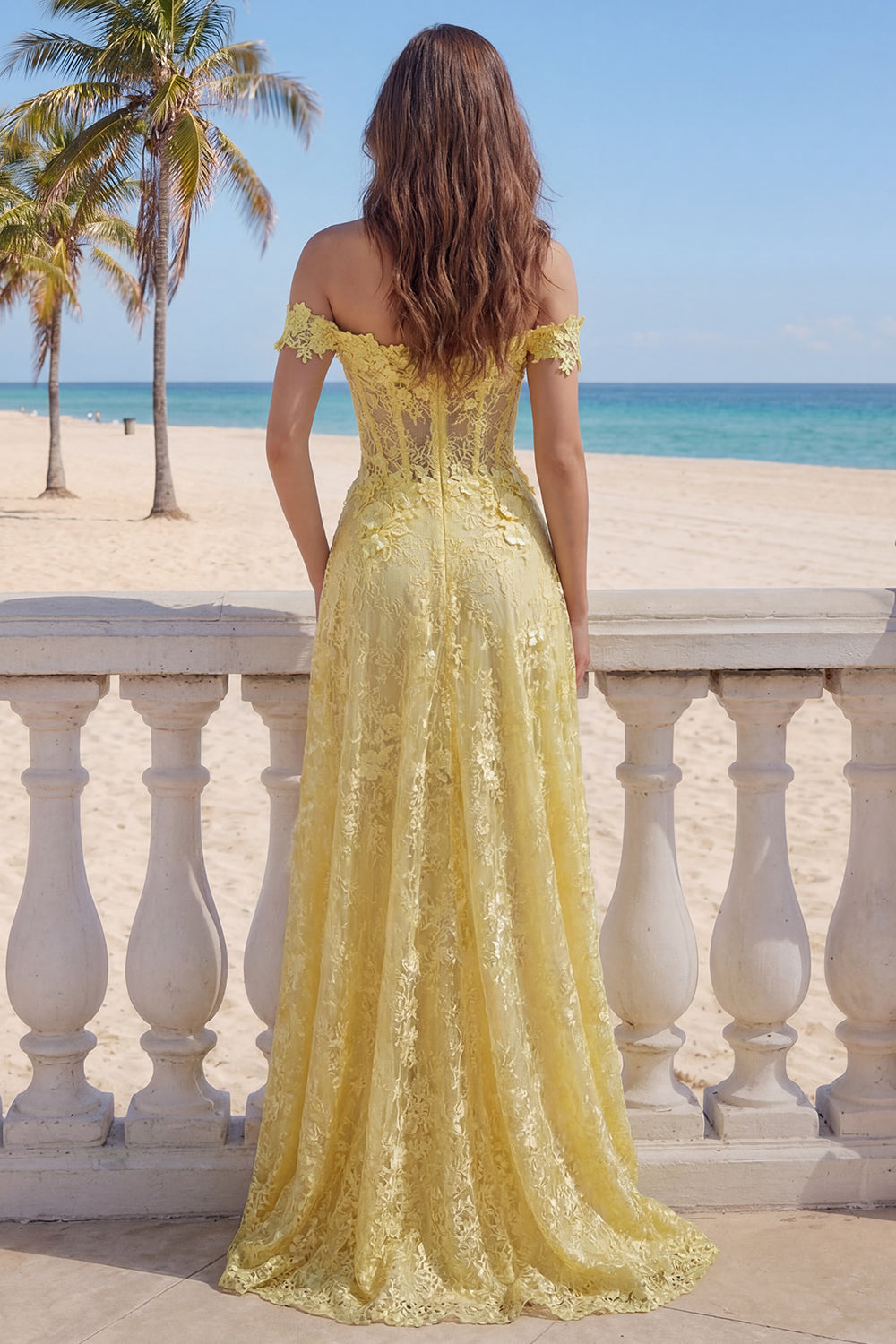 A-Line Off the Shoulder Yellow Lace Corset Appliqued Long Prom Dress