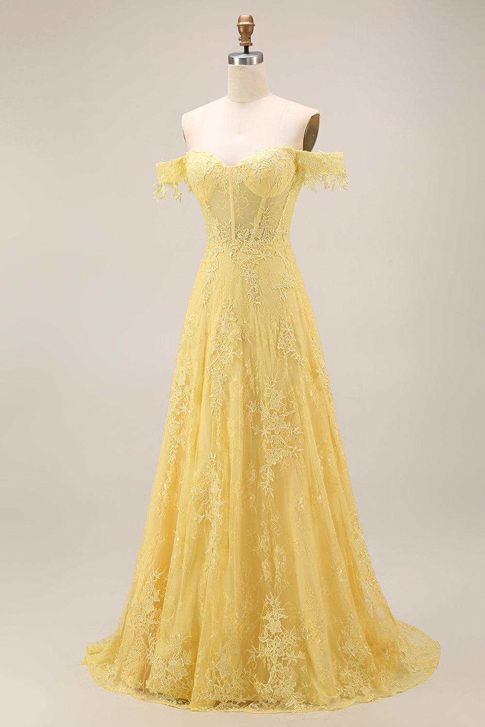 A-Line Off the Shoulder Yellow Lace Corset Appliqued Long Prom Dress