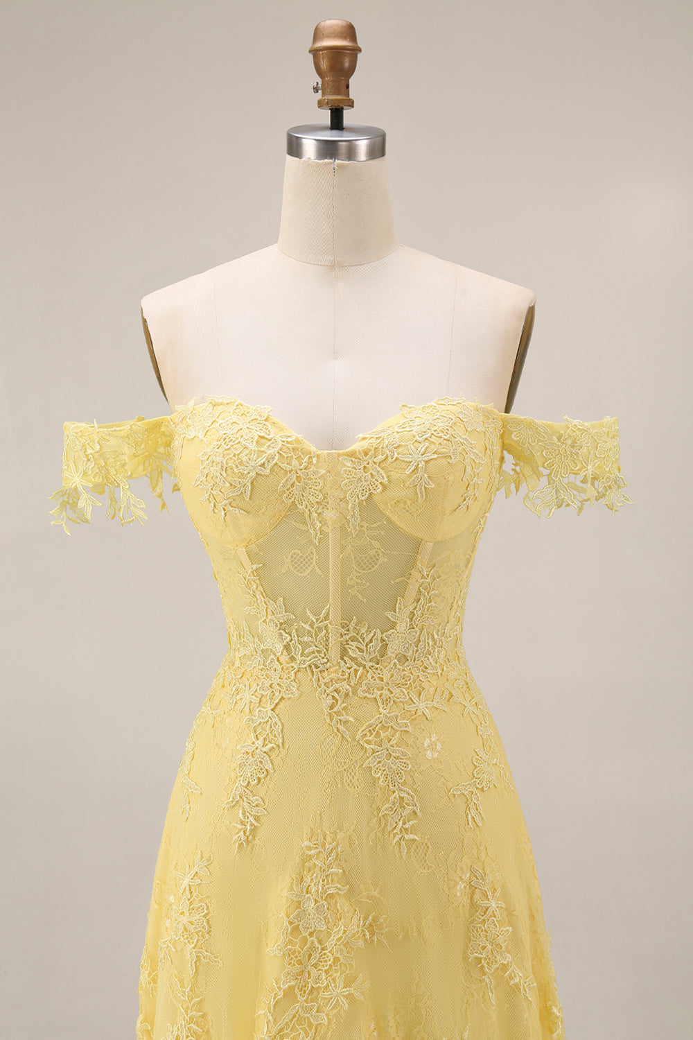A-Line Off the Shoulder Yellow Lace Corset Appliqued Long Prom Dress
