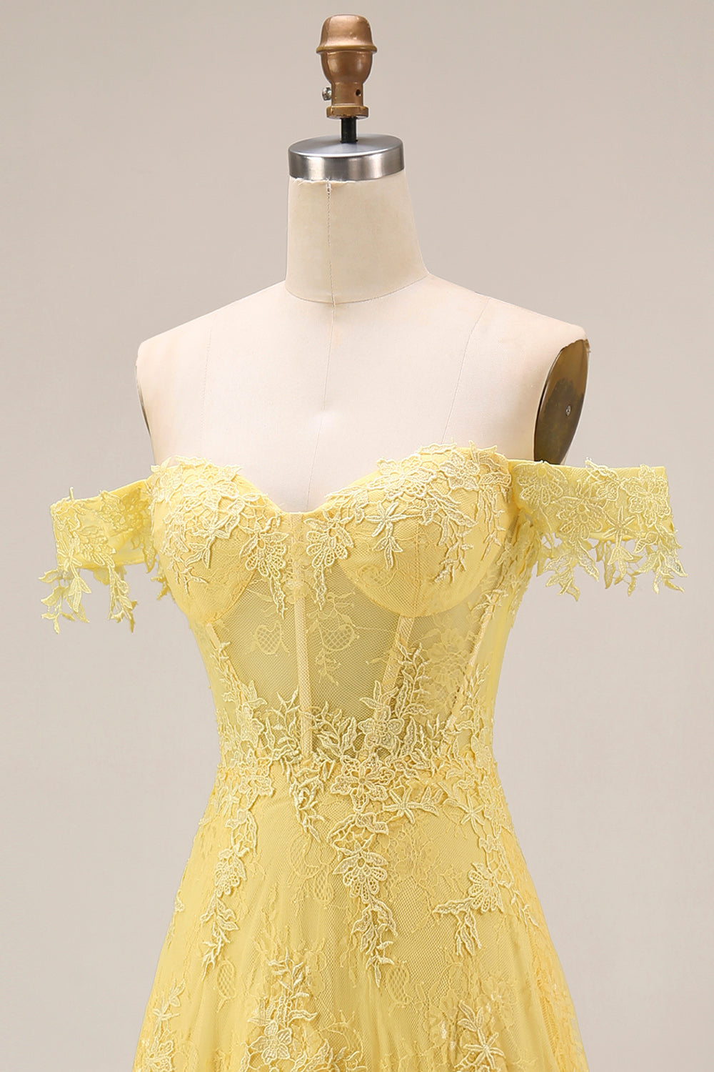 A-Line Off the Shoulder Yellow Lace Corset Appliqued Long Prom Dress