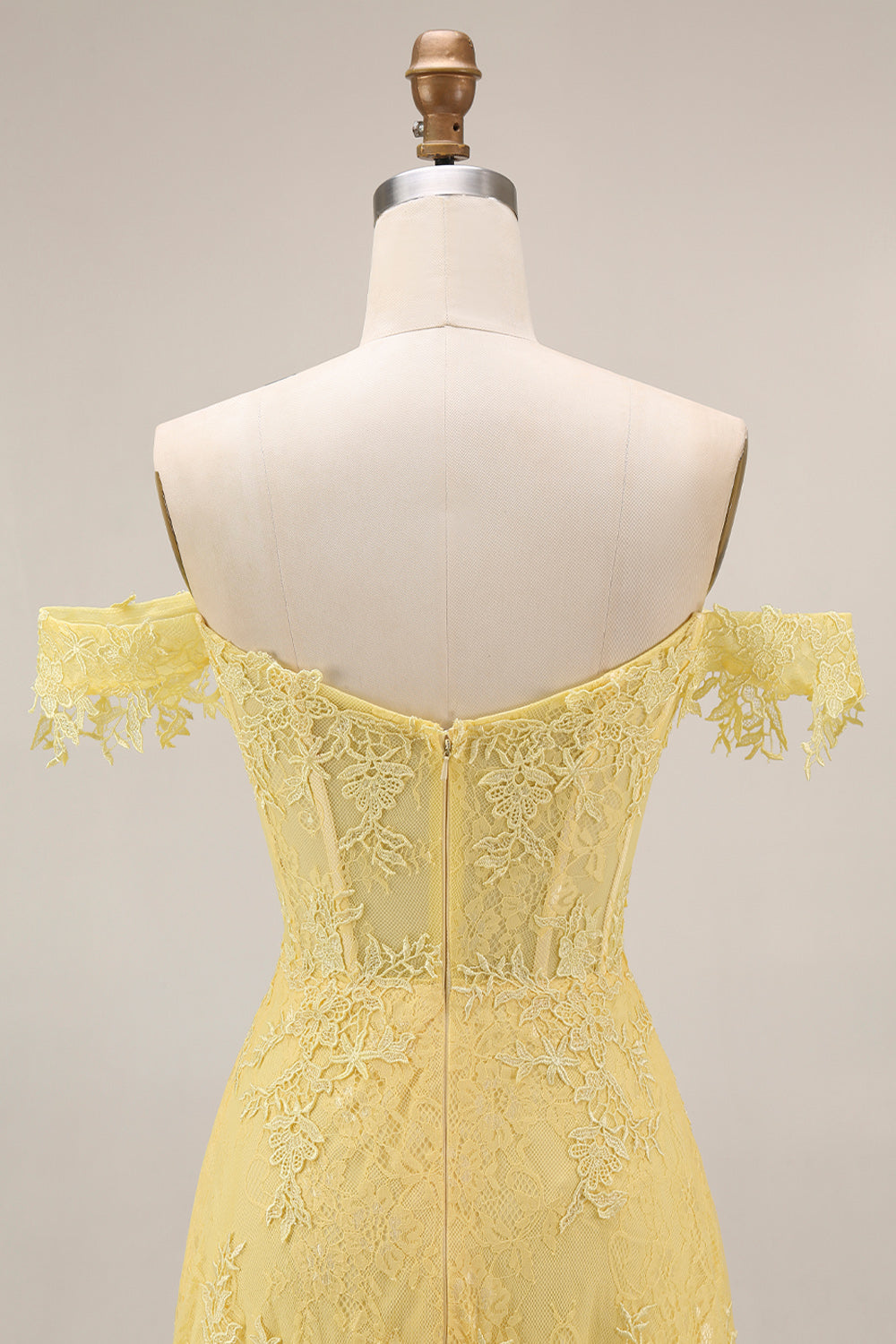 A-Line Off the Shoulder Yellow Lace Corset Appliqued Long Prom Dress
