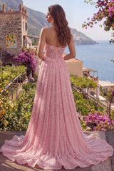 A-Line Pink Beaded Strapless Sequins Appliqued Corset Long Prom Dress with 3D Flowers