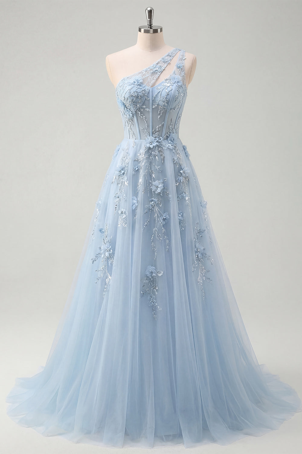 A-Line One Shoulder Blue Corset Appliqued Long Prom Dress with Beading