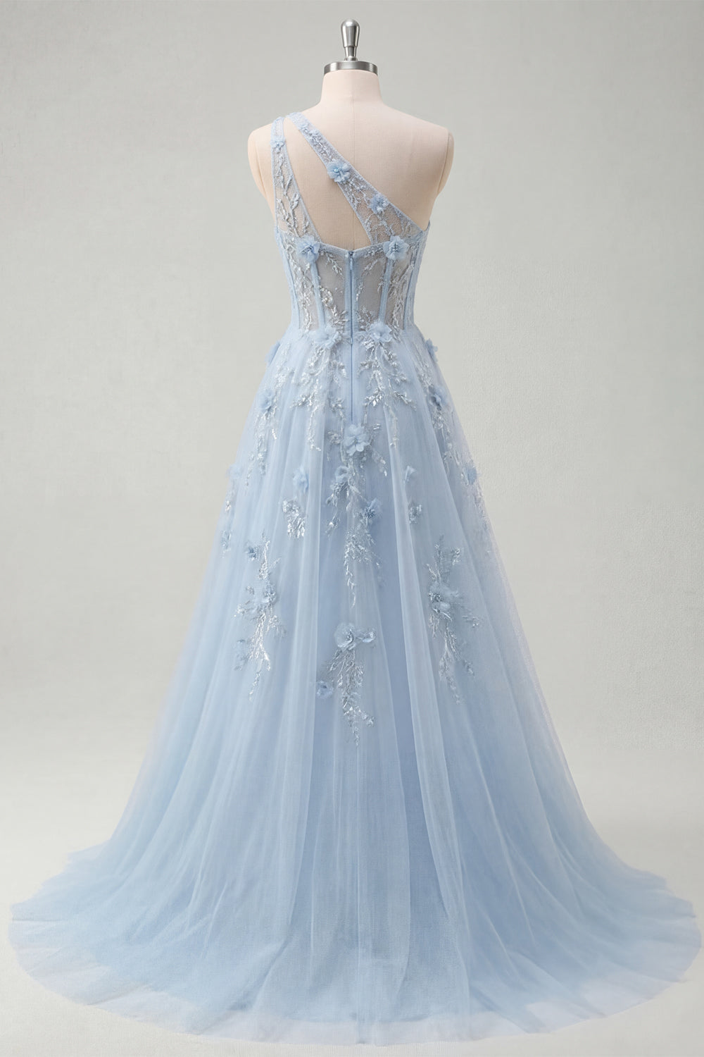 A-Line One Shoulder Blue Corset Appliqued Long Prom Dress with Beading