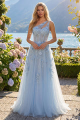 A-Line One Shoulder Blue Corset Appliqued Long Prom Dress with Beading