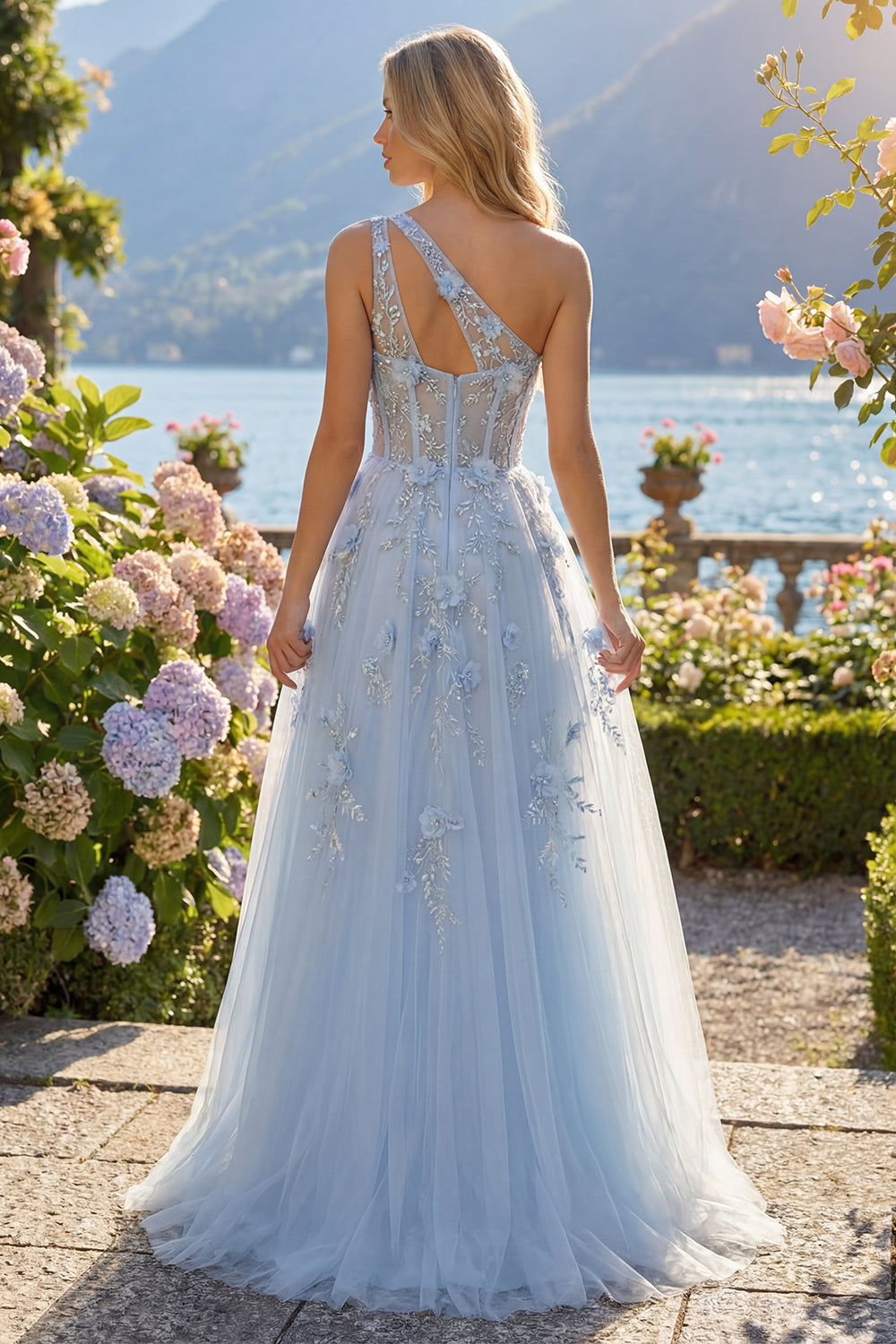 A-Line One Shoulder Blue Corset Appliqued Long Prom Dress with Beading