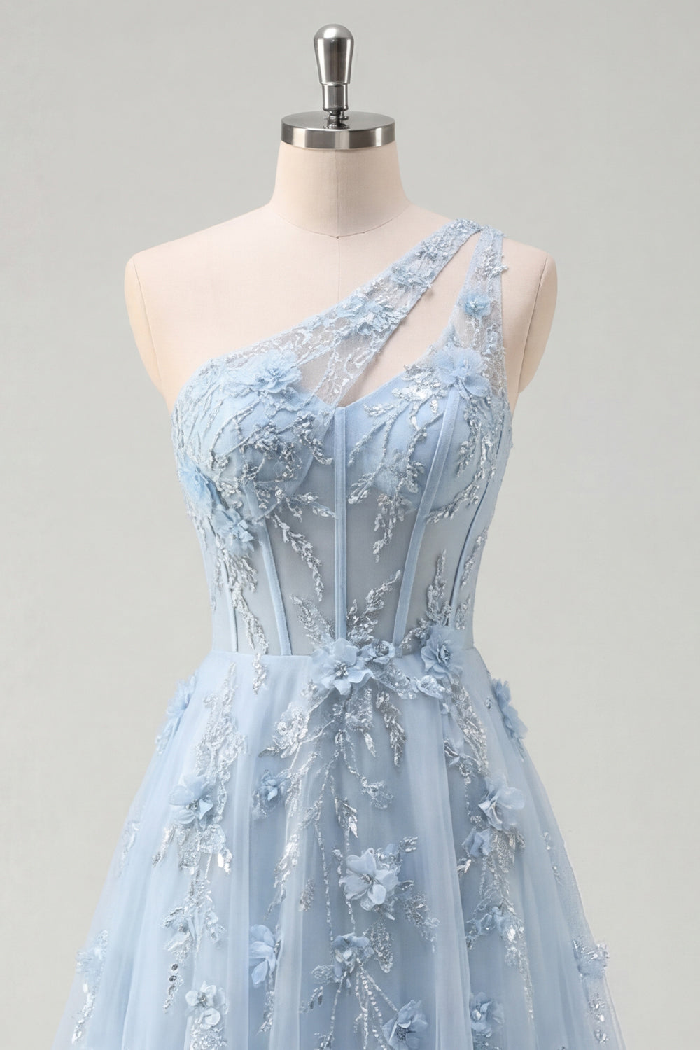 A-Line One Shoulder Blue Corset Appliqued Long Prom Dress with Beading