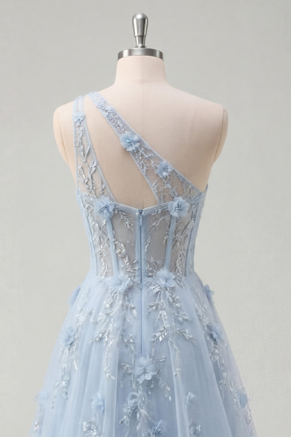 A-Line One Shoulder Blue Corset Appliqued Long Prom Dress with Beading