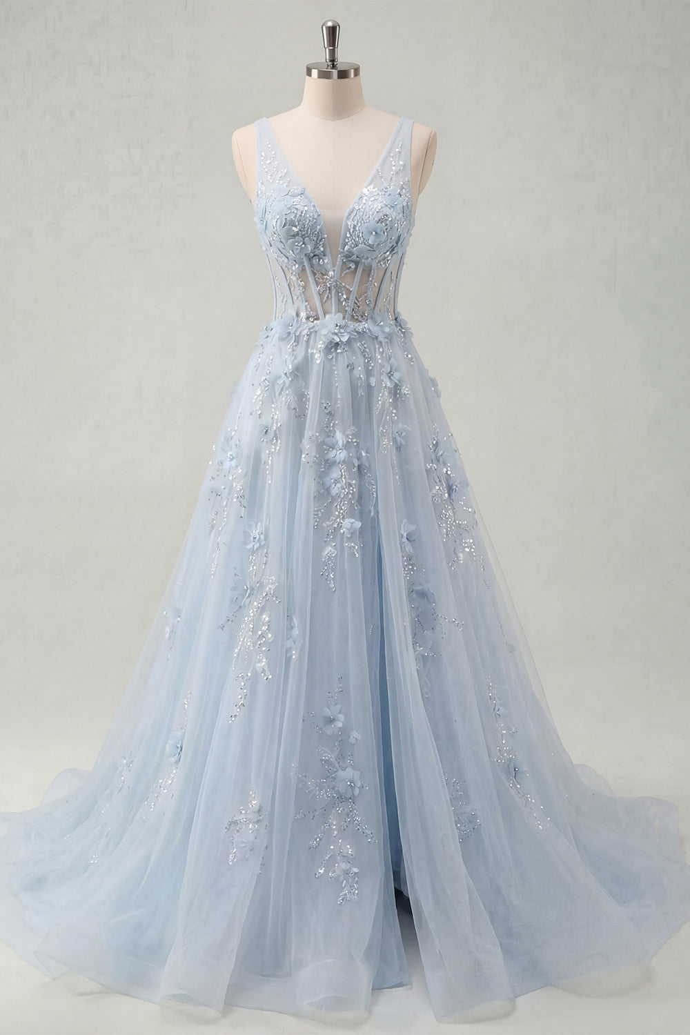 A-Line Blue V-Neck Beaded Corset Appliqued Long Prom Dress with Slit